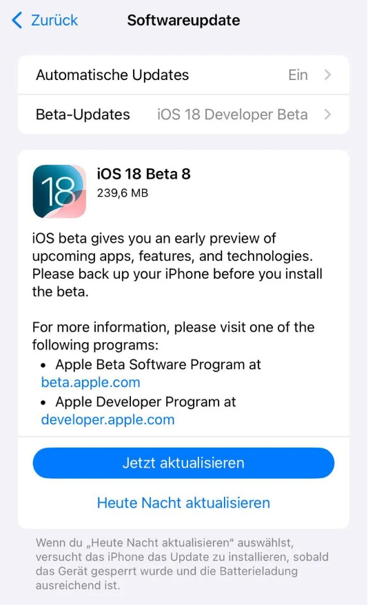 南涧苹果手机维修分享苹果 iOS / iPadOS 18 开发者预览版 Beta 8 发布 